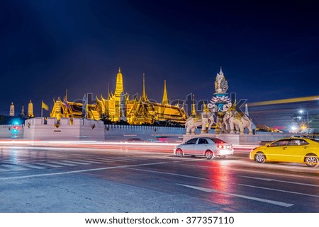 Traffic jam Wat Phra Kaew (The Emerald Buddha) night view in Thailand