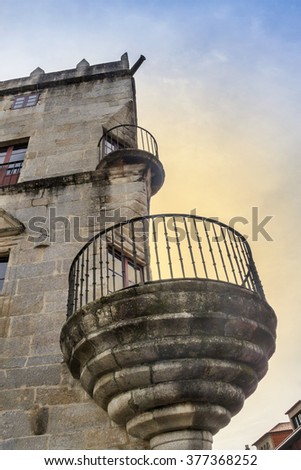 Rounded monumental balcony at the corner of Fefinhanes stately house in Cambados
