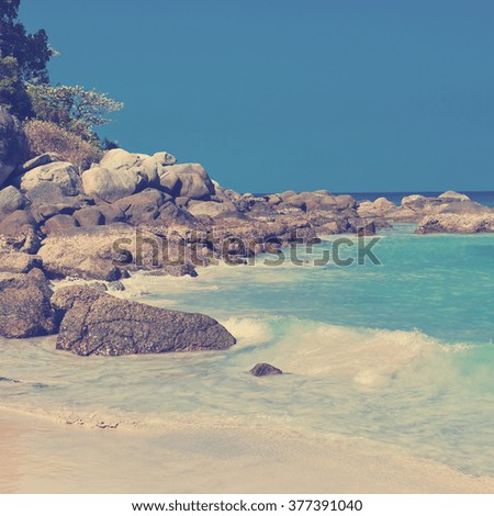 Tropical stones beach. Phuket island. Thailand . Instagram style filtred image