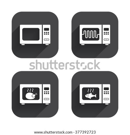 Microwave oven icons. Cook in electric stove symbols. Grill chicken and fish signs. Square flat buttons with long shadow.