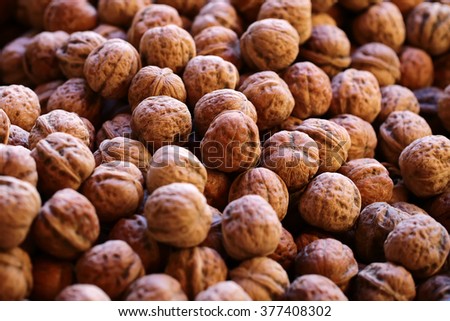 Many fresh tasty ripe walnuts in brown husks shells stone fruit edible seeds nuts full of vitamin for healthy eating for sale on natural background, horizontal picture