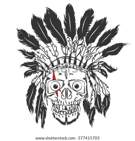 Handmade drawning Skull with indian feather hat. Grunge print template. Vector art.