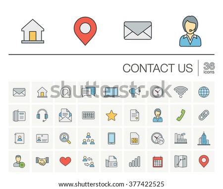 Vector thin line icons set and graphic design elements. Illustration with contact us outline symbols. Communication, home, call, speech bubble, email, letter, envelope, handshake linear pictogram