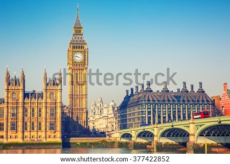 Big Ben and westminster bridge in London Royalty-Free Stock Photo #377422852