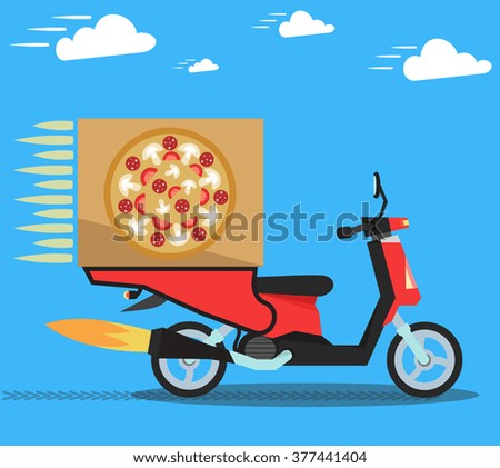 Concept of the fast pizza delivery service on scooter or motorbike. Flat vector illustration.