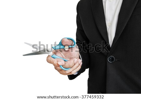 Businessman holding scissor, selective focus, isolated on white background