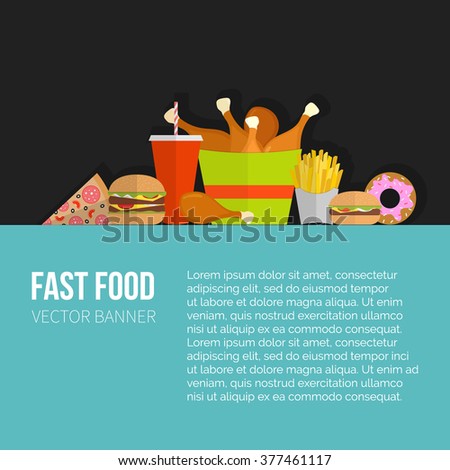 Fast Food Vector Concept banner. Lunch french fries, chicken, donut, pizza, burger, soda. Flat design cheeseburger, hamburger and restaurant menu elements. Vector poster of unhealthy fast food eating