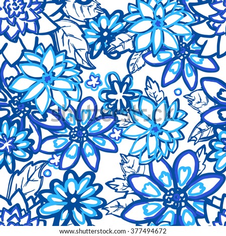 Seamless Floral background. Blue and white isolated flowers and leafs on white background. Vector illustration.