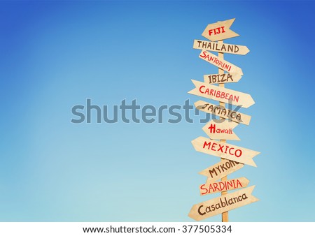 Direction to different places of the world, travel concept