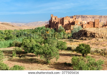 Ksar - old fortified castle in desert Royalty-Free Stock Photo #377505616