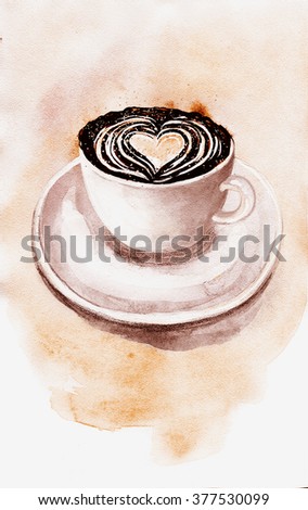 Coffee cup with heart foam on pastel brown watercolor background. Hand drawn illustration.