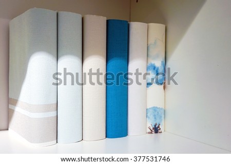 Books on the shelf, white and blue
