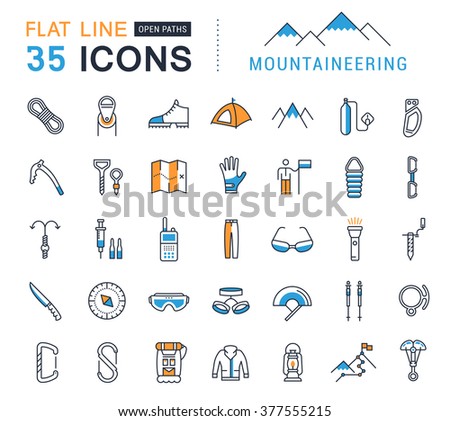Set vector line icons with open path mountaineering and hiking with elements for mobile concepts and web apps. Collection modern infographic logo and pictogram.