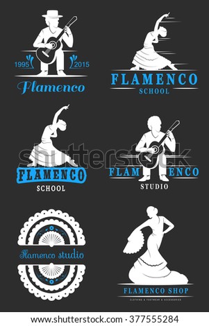 Set of vector logos, badges and silhouettes Flamenco. Collection emblems of traditional Spanish dance, signs school, clubs, shops and studios flamenco