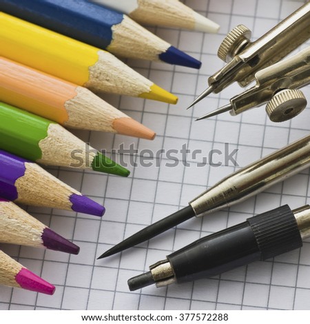 Pencils and other supplies for drawing lessons at school. Selective focus