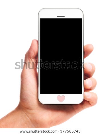 modern smartphone with heart in male hand isolated on white background