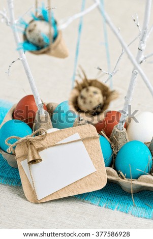 Decoration of Easter eggs in blue tones. Vintage style. Selective focus.