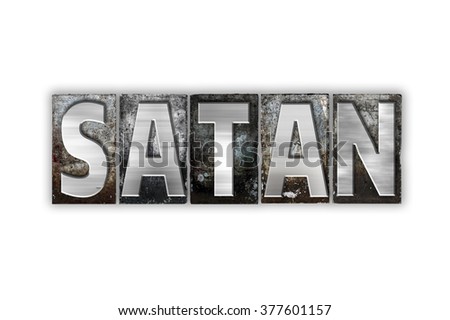 The word "Satan" written in vintage metal letterpress type isolated on a white background.