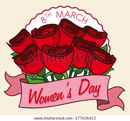 Beauty bouquet of red roses and a pink ribbon with greeting message for Women's Day.