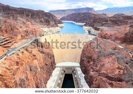 Hoover Dam in United States. Hydroelectric power station on the border of Arizona and Nevada. Royalty-Free Stock Photo #377642032