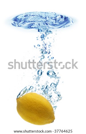 A background of bubbles forming in blue water after lemon is dropped into it.