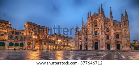 Milan, Italy: Piazza del Duomo, Cathedral Square in beautiful colors of sunrise. Representative picture of astonishing square in city, center of social and cultural life. Galleria Vittorio Emanuele. 