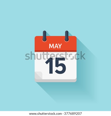 May  15.Calendar icon.Vector illustration,flat style.Date,day of month:Sunday,Monday,Tuesday,Wednesday,Thursday,Friday,Saturday.Weekend,red letter day.Calendar for 2017 year.Holidays in May.