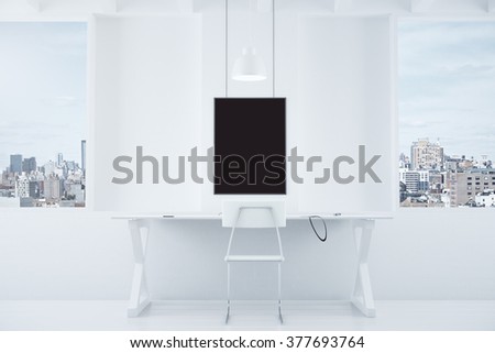 White style interior with desk and blank black picture frame, mock up 3D Render