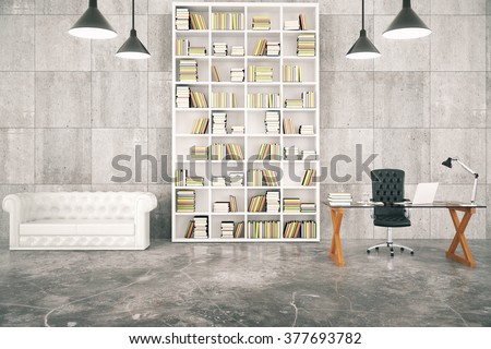 Loft interior with a library and a work desk and a white leather sofa 3D Render