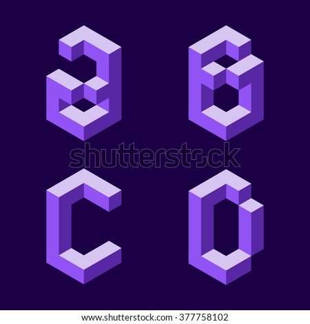 3d flat isometric alphabet. Letters - A,B,C,D