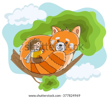 Illustration for children's books. Cute cartoon characters. Boy hugging a red panda friendly.