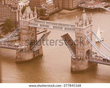Vintage looking Aerial view of Tower Bridge in London, UK