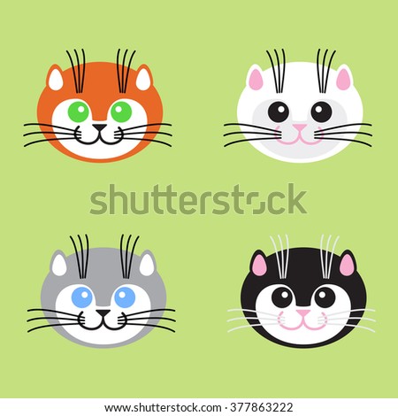 Faces kittens on a green background. Vector illustration.