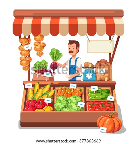 Local market farmer selling vegetables produce on his stall with awning. Modern flat style realistic vector illustration isolated on white background.