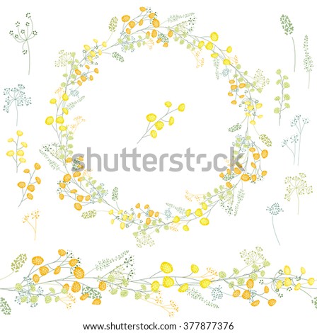 Floral round garland and endless pattern brush made of yellow mimosa.  Flowers for romantic and easter design, decoration,  greeting cards, posters,  invitations, advertisement.