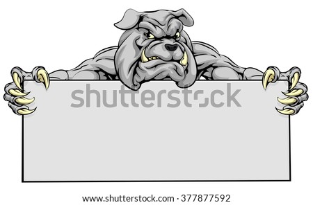 A mean looking bulldog mascot holding a sign