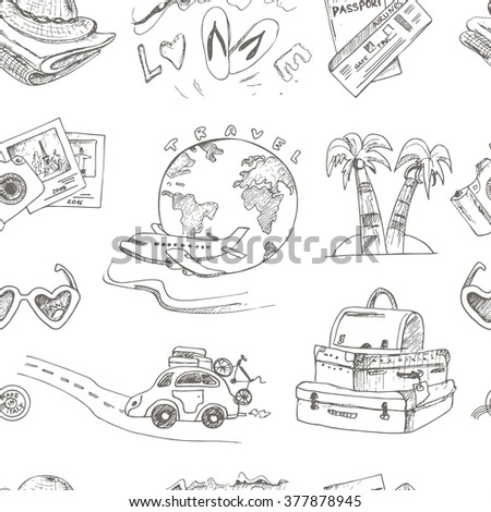 Hand drawn travel seamless pattern. Useful for identity, packaging, design and interior decorating.
