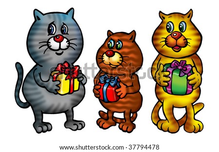 three striped cartoon cats hold presents, stand separately