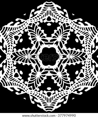 Hexagonal indigo blue mandala pattern. Openwork freehand hexagon fabric print. Ethnic openwork print for textile. Free hand drawing hexagon vector motif. Indigo blue and white hexagon grunge pattern.