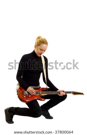 girl with red electric guitar over white background