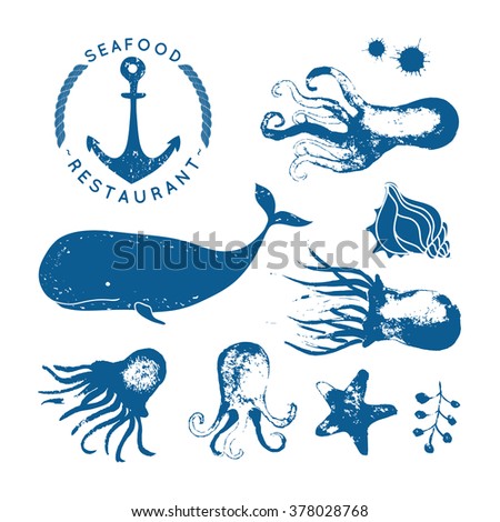 Set of sea animals. Blue background. Stamp. Hand drawn elements with rough edges.
