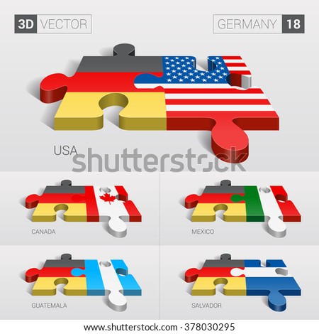 Germany and USA, Canada, Mexico, Guatemala, Salvador Flag. 3d vector puzzle. Set 18.