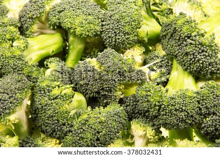 Sliced raw broccoli, prepared for cooking, close-up, texture