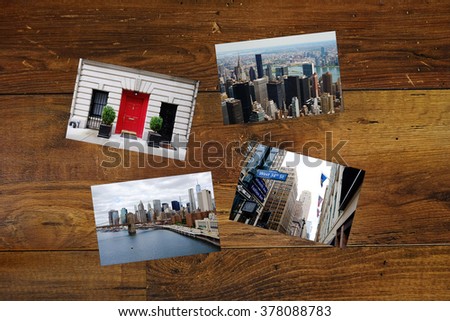 Photo collage from New York City, USA. Collage includes landmarks: Wall Street, Brooklyn Bridge, Manhattan skyline with skyscrapers, street of NYC. Travel postcard. 