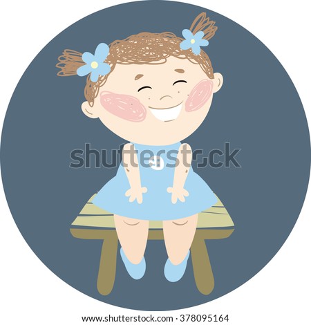 Little cheerful girl sitting on a bench. Cute character for your stunning design