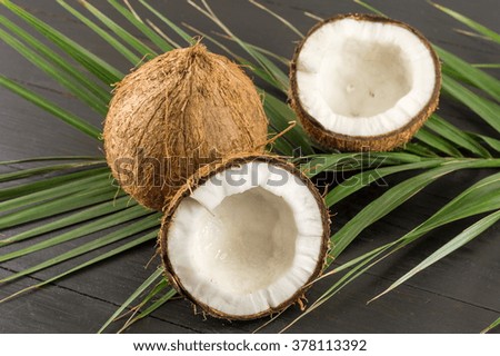 Fresh coconuts and coconut leaves on dark wooden table