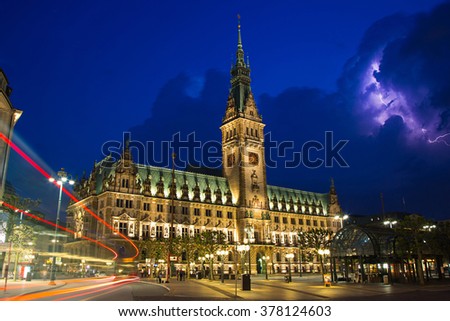 The town hall of Hamburg City during a thunderstorm