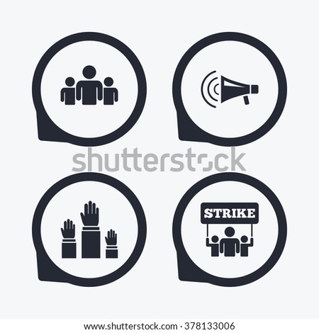 Strike group of people icon. Megaphone loudspeaker sign. Election or voting symbol. Hands raised up. Flat icon pointers.