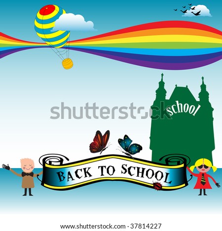 Colorful background with beautiful rainbow, butterflies, balloon and two children. Back to school concept