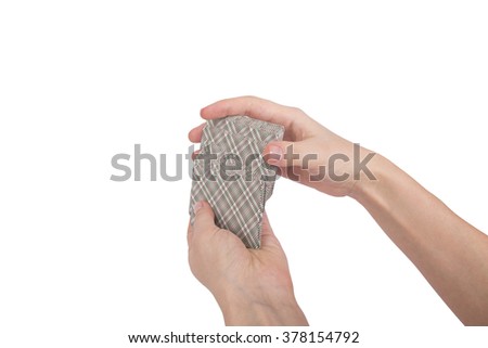 Hand and card isolated on white background